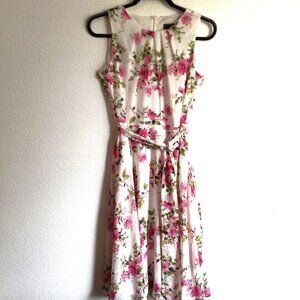 JH Spring Summer Floral Sleeveless Belted Dress Sz 6. Pleated Scoop Neck
